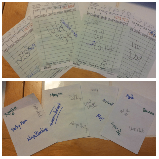 I didn't have note cards, but you get the idea. Names on one side, positive words on the other!