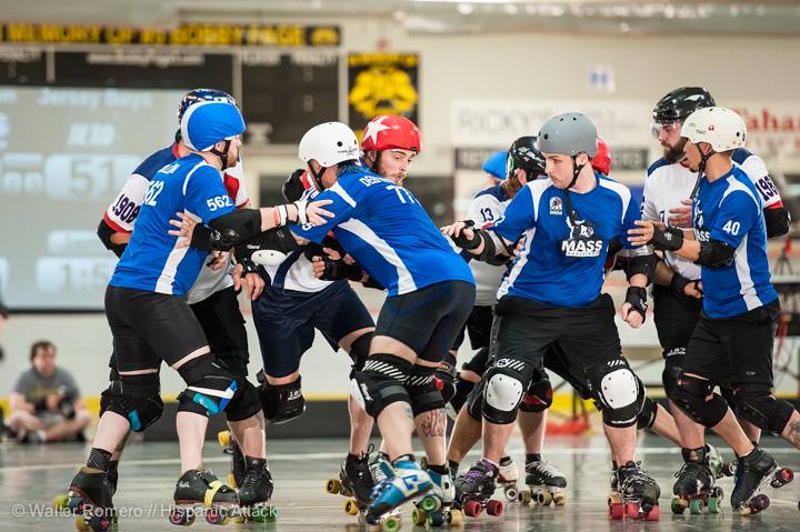 Vet Colleran holds onto returning skater Deep in Cider, while Velawesomeraptor and Mikeopathic Chiller hold the inside line. Mohawk Valley Cup. Photo by Hispanic Attack 2014.